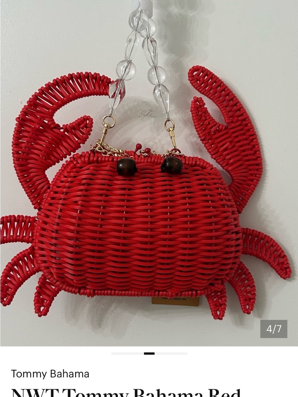 Tommy Bahama VIRAL Crab Red Wicker  Crossbody Bag Beaded Handle & Gold Chain - Picture 4 of 12